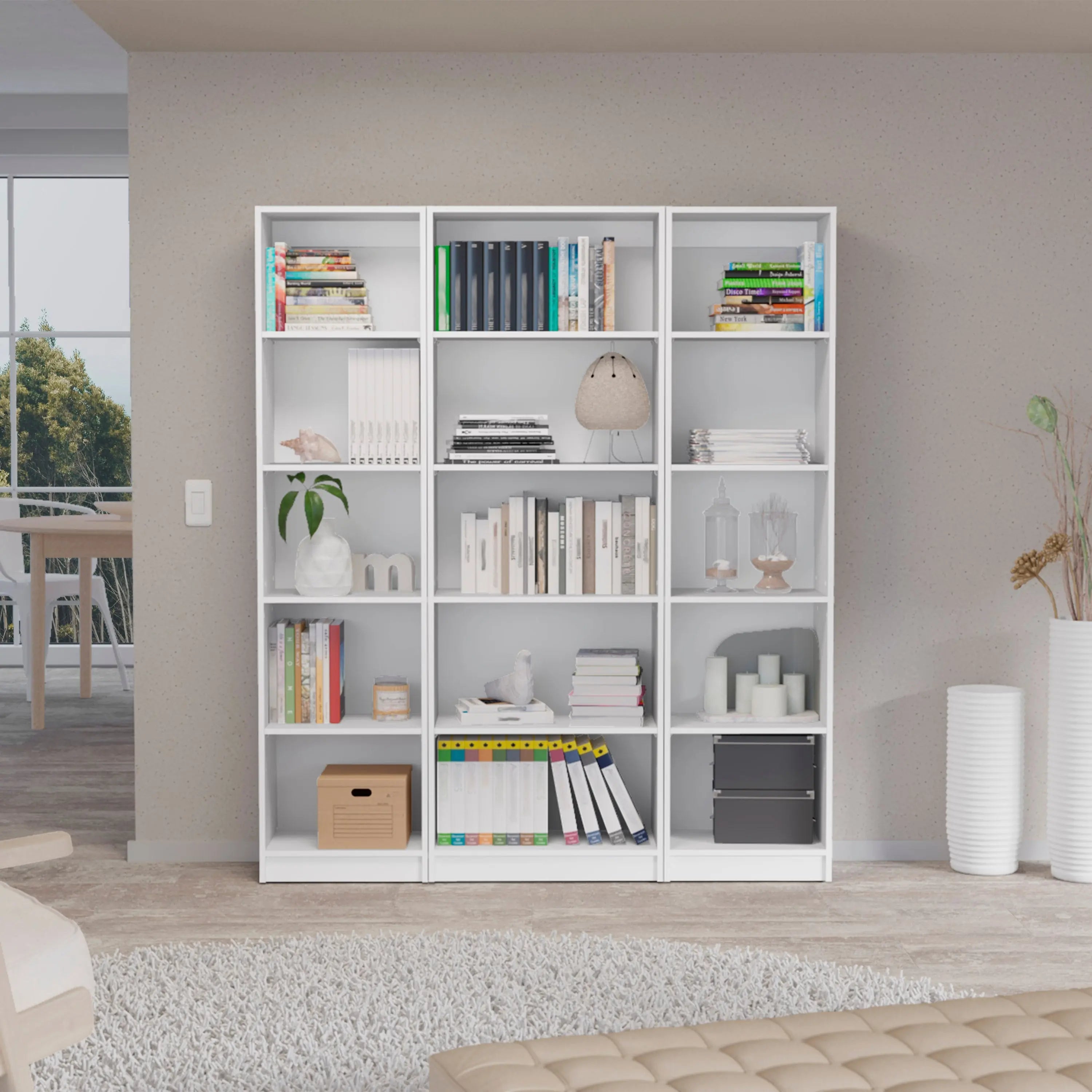 Set of Three White Wood Five Tier Modular Bookcase Homeroots Office