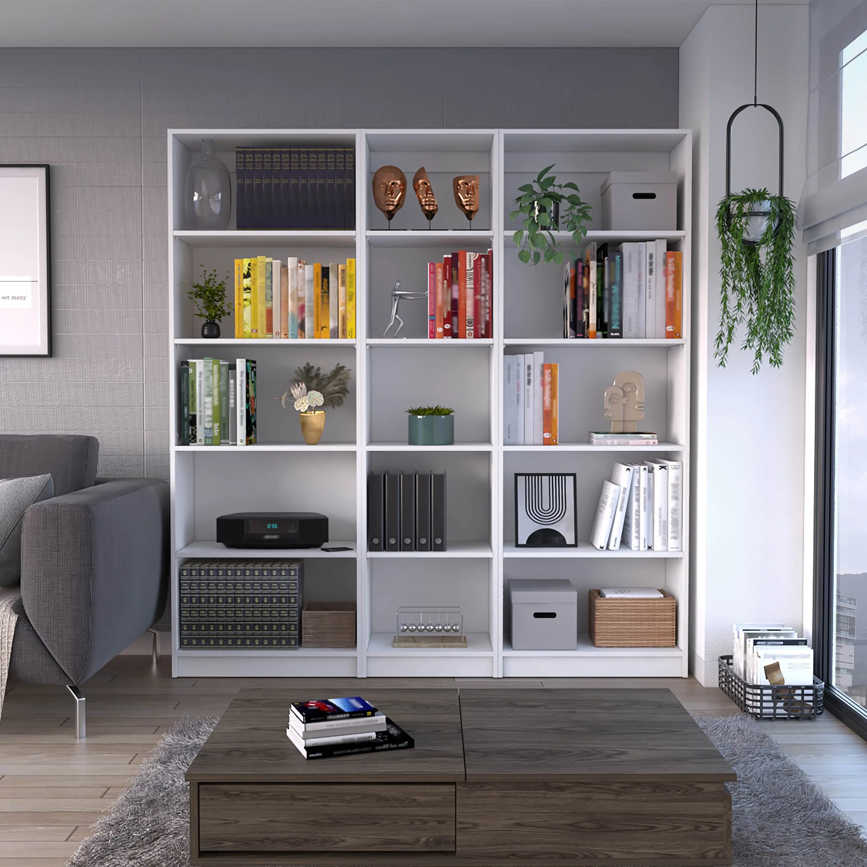 Set of Three White Wood Five Tier Modular Bookcase Homeroots Office