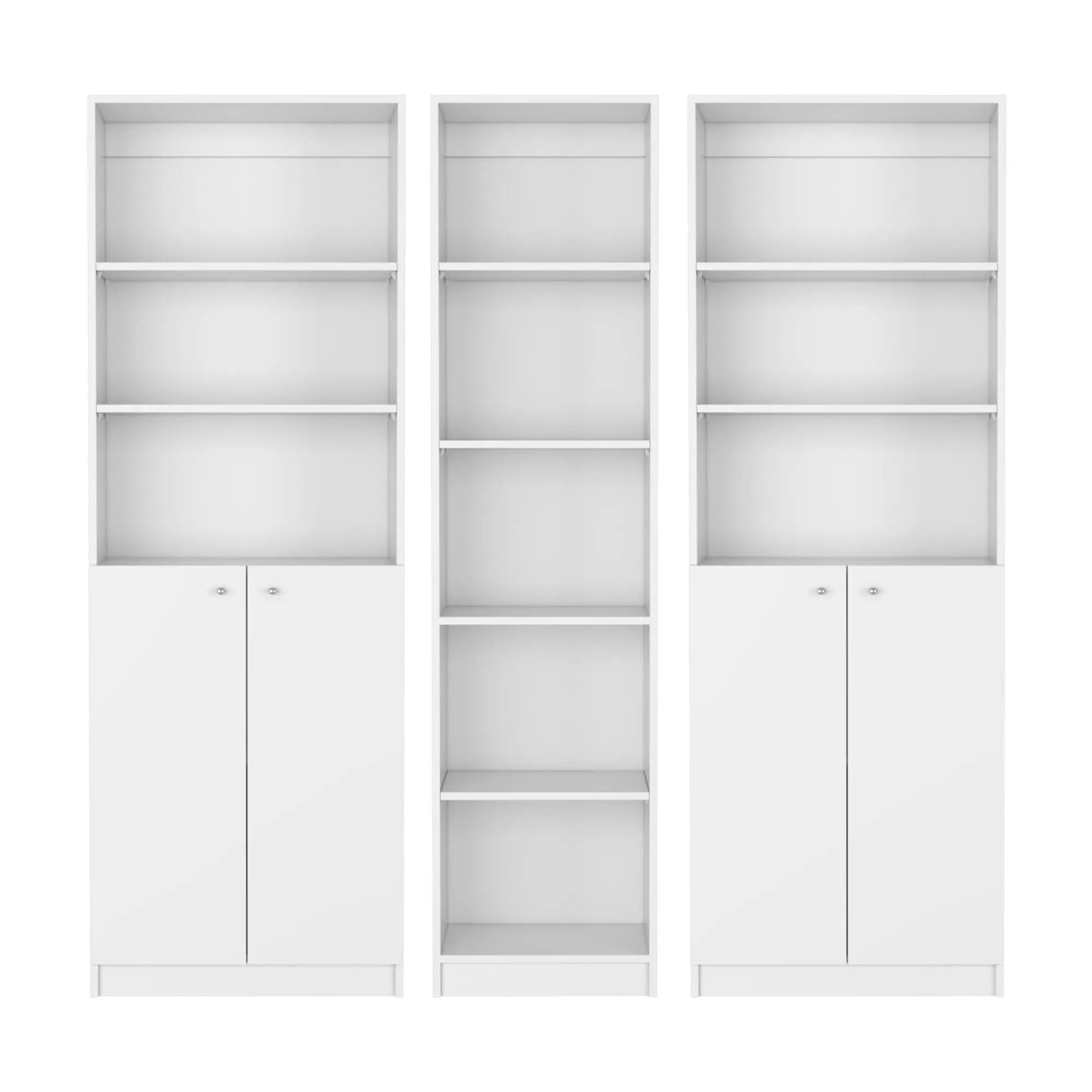 Set of Three White Wood Five Tier Modular Bookcase with Four Doors Homeroots Office