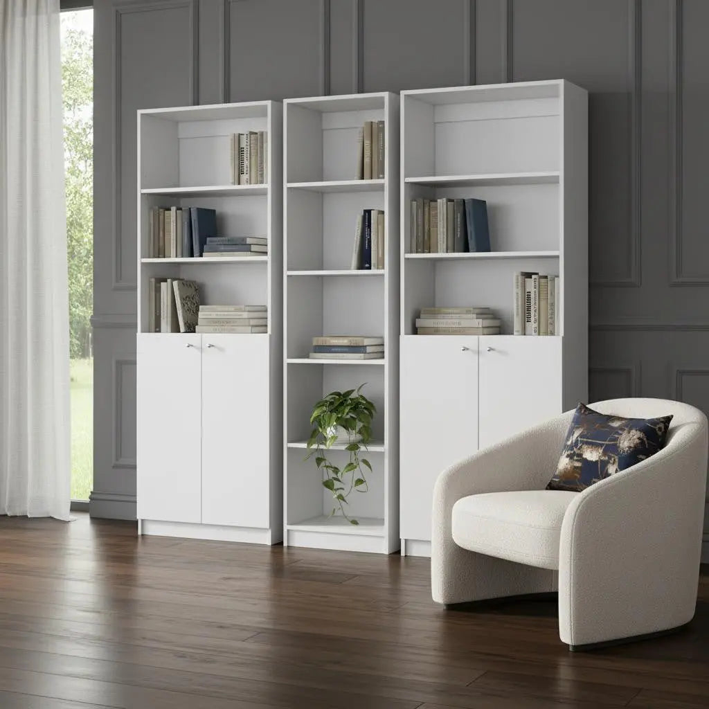 Set of Three White Wood Five Tier Modular Bookcase with Four Doors Homeroots Office