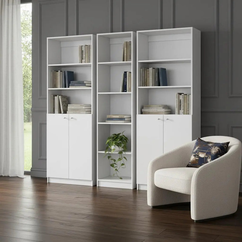 Set of Three White Wood Five Tier Modular Bookcase with Four Doors Homeroots Office