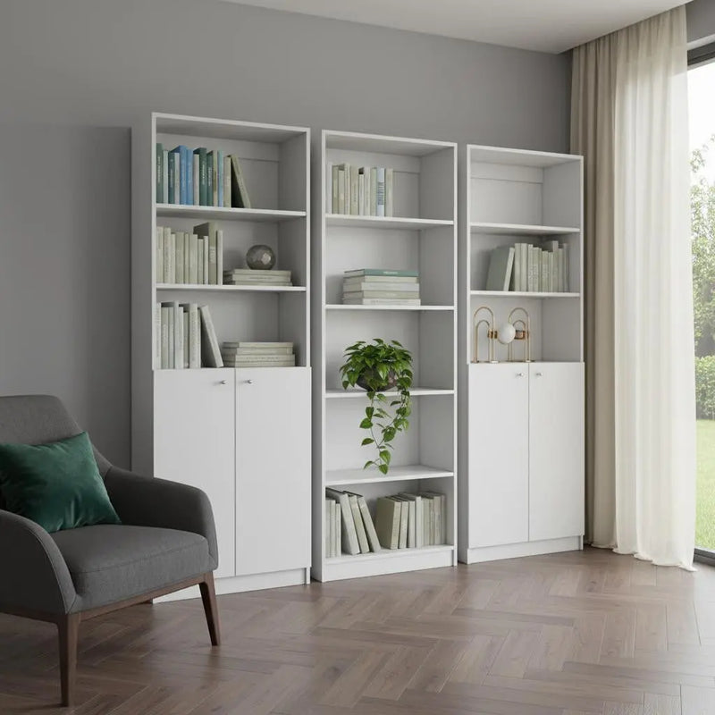 Set of Three White Wood Five Tier Modular Bookcase with Four Doors Homeroots Office