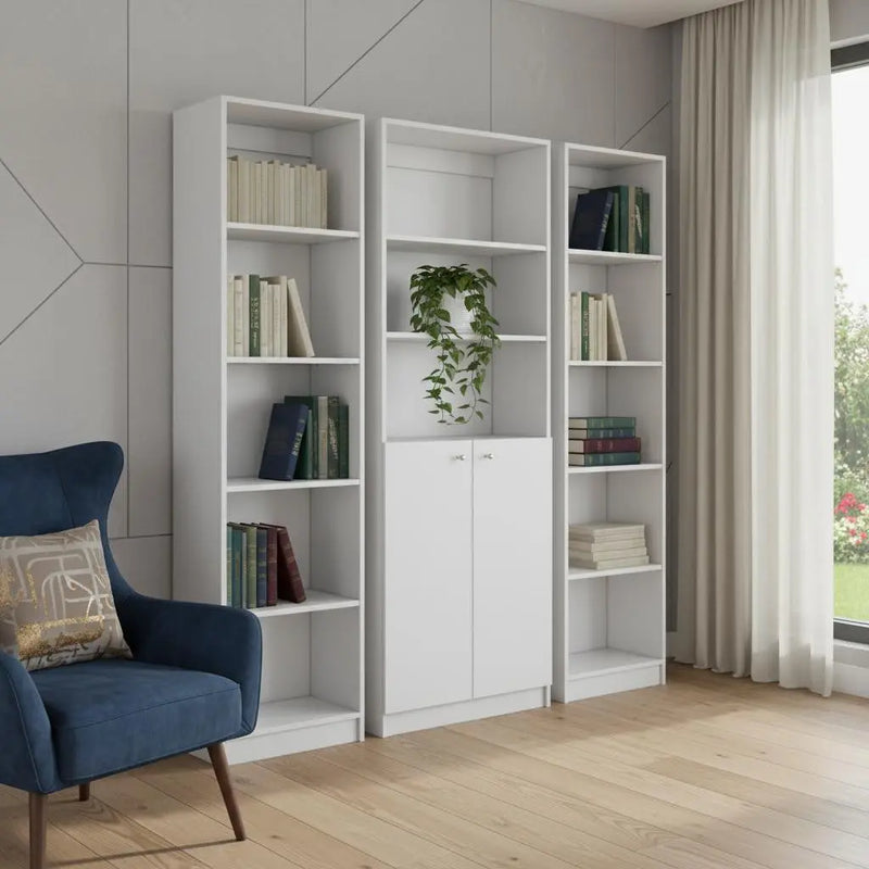 Set of Three White Wood Five Tier Modular Bookcase with Two Doors Homeroots Office