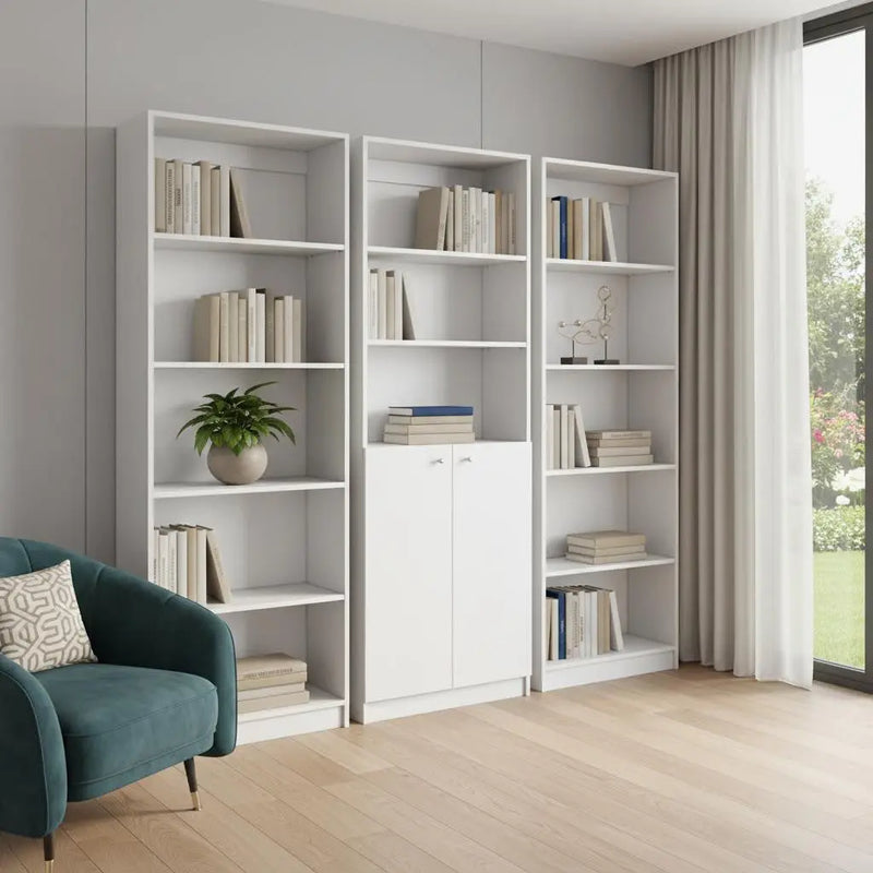 Set of Three White Wood Five Tier Modular Bookcase with Two Doors Homeroots Office