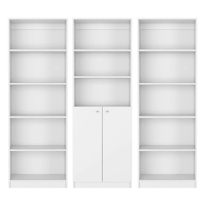 Set of Three White Wood Five Tier Modular Bookcase with Two Doors Homeroots Office