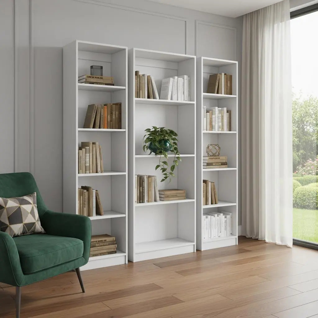 Set of Three White Wood Fourteen Tier Modular Bookcase Homeroots Office