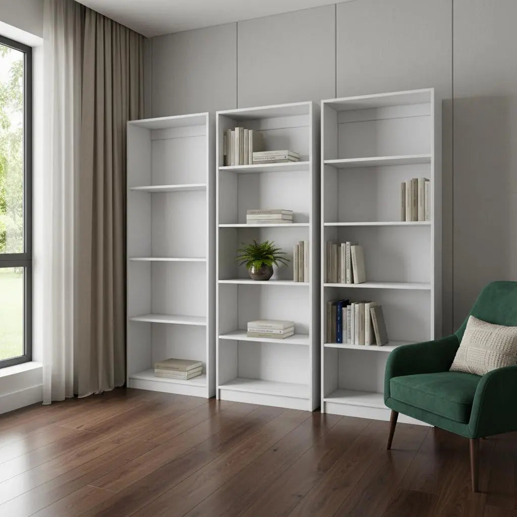 Set of Three White Wood Fourteen Tier Modular Bookcase Homeroots Office