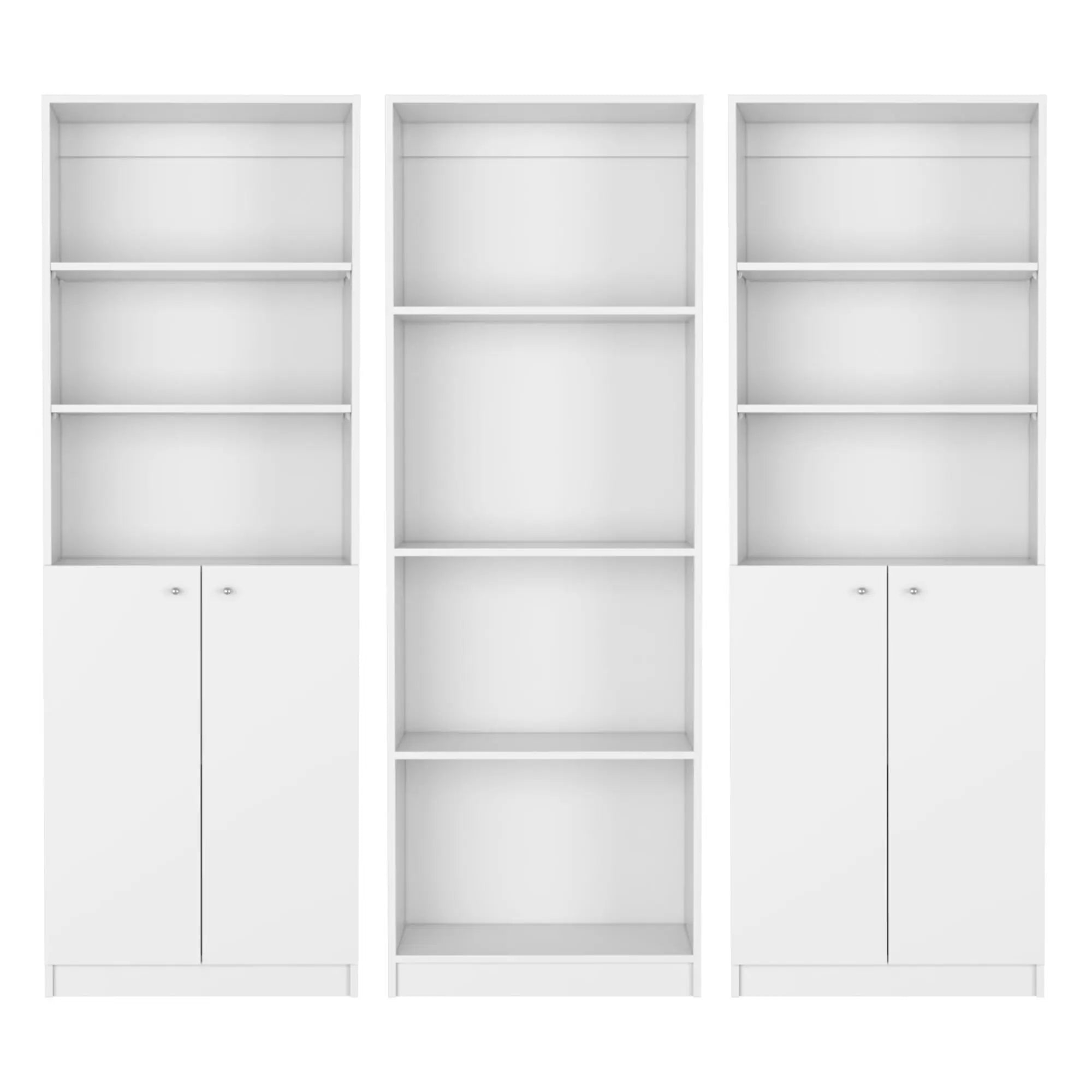 Set of Three White Wood Ten Tier Modular Bookcase with Four Doors Homeroots Office