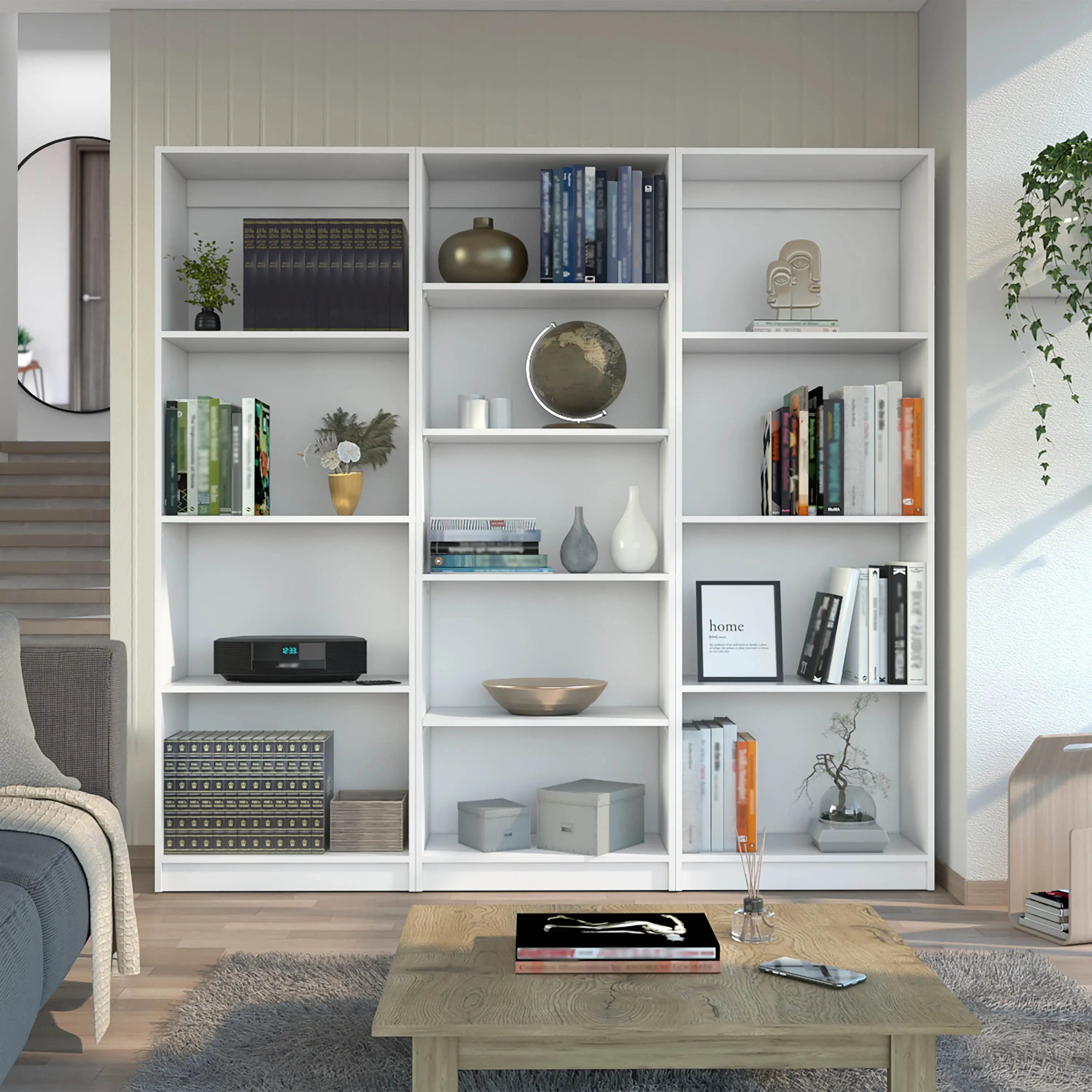 Set of Three White Wood Thirteen Tier Modular Bookcase Homeroots Office