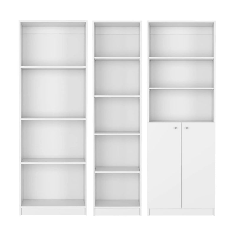Set of Three White Wood Twelve Tier Modular Bookcase with Two Doors Homeroots Office