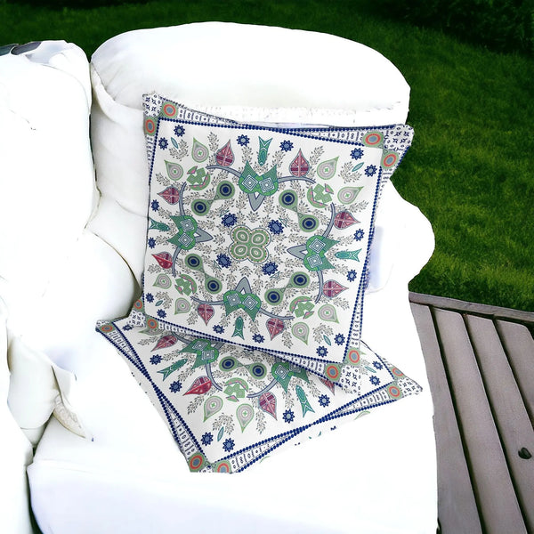 Set of Two 16" X 16" Blue and Off White Blown Seam Paisley Indoor Outdoor Throw Pillow Homeroots Outdoor