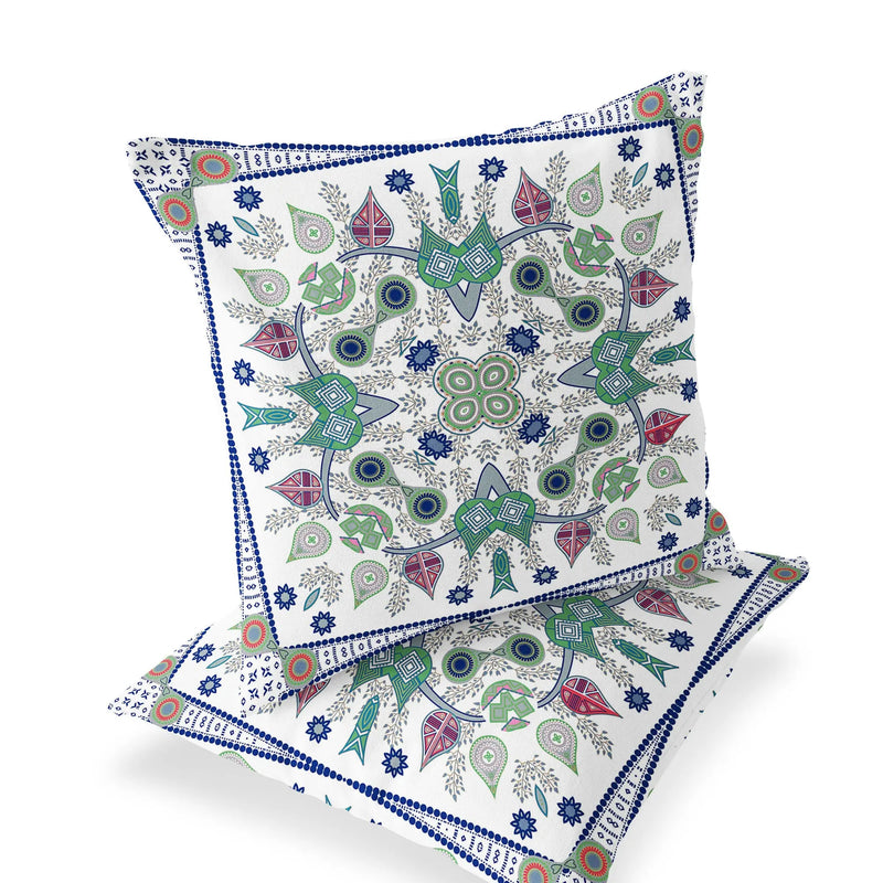 Set of Two 16" X 16" Blue and Off White Blown Seam Paisley Indoor Outdoor Throw Pillow Homeroots Outdoor