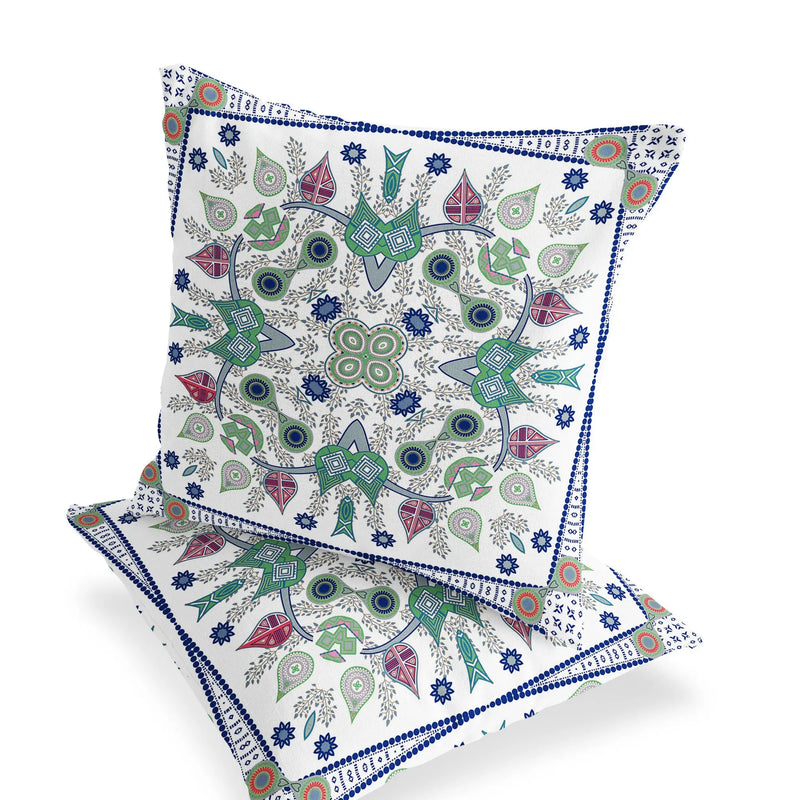 Set of Two 16" X 16" Blue and Off White Blown Seam Paisley Indoor Outdoor Throw Pillow Homeroots Outdoor
