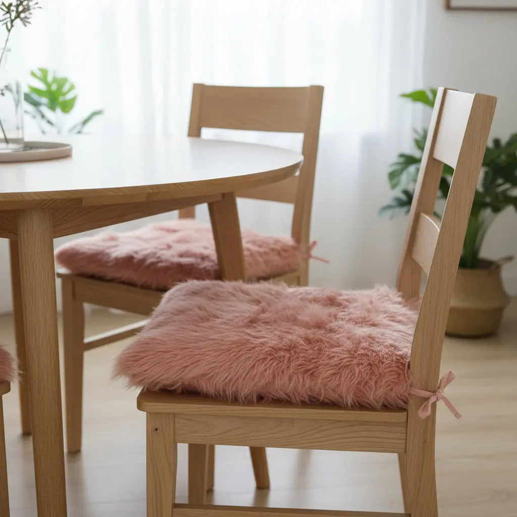 Set of Two 16" X 2" Pink Faux Fur Dining Chair Pads Homeroots Kitchen & Dining