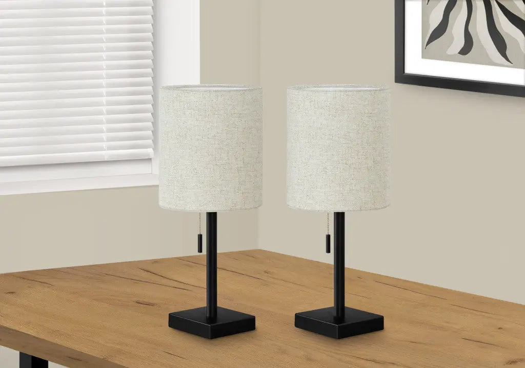 Set of Two 17" Black Metal Candlestick USB Table Lamps With Beige Drum Shade Homeroots Lighting