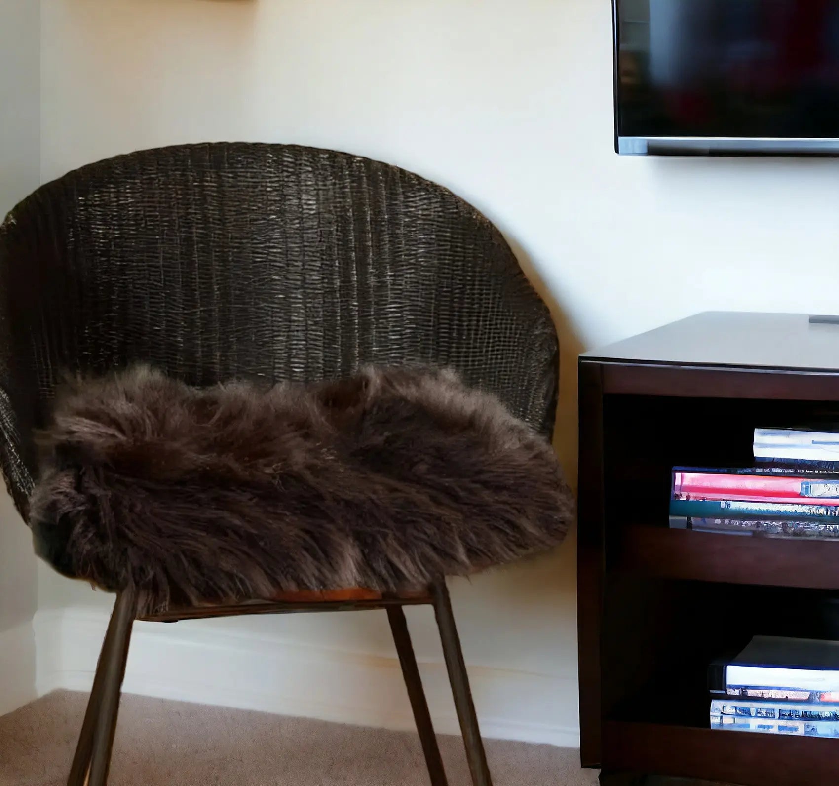 Set of Two 17" Chocolate Faux Fur Dining Chair Pads Homeroots Kitchen & Dining
