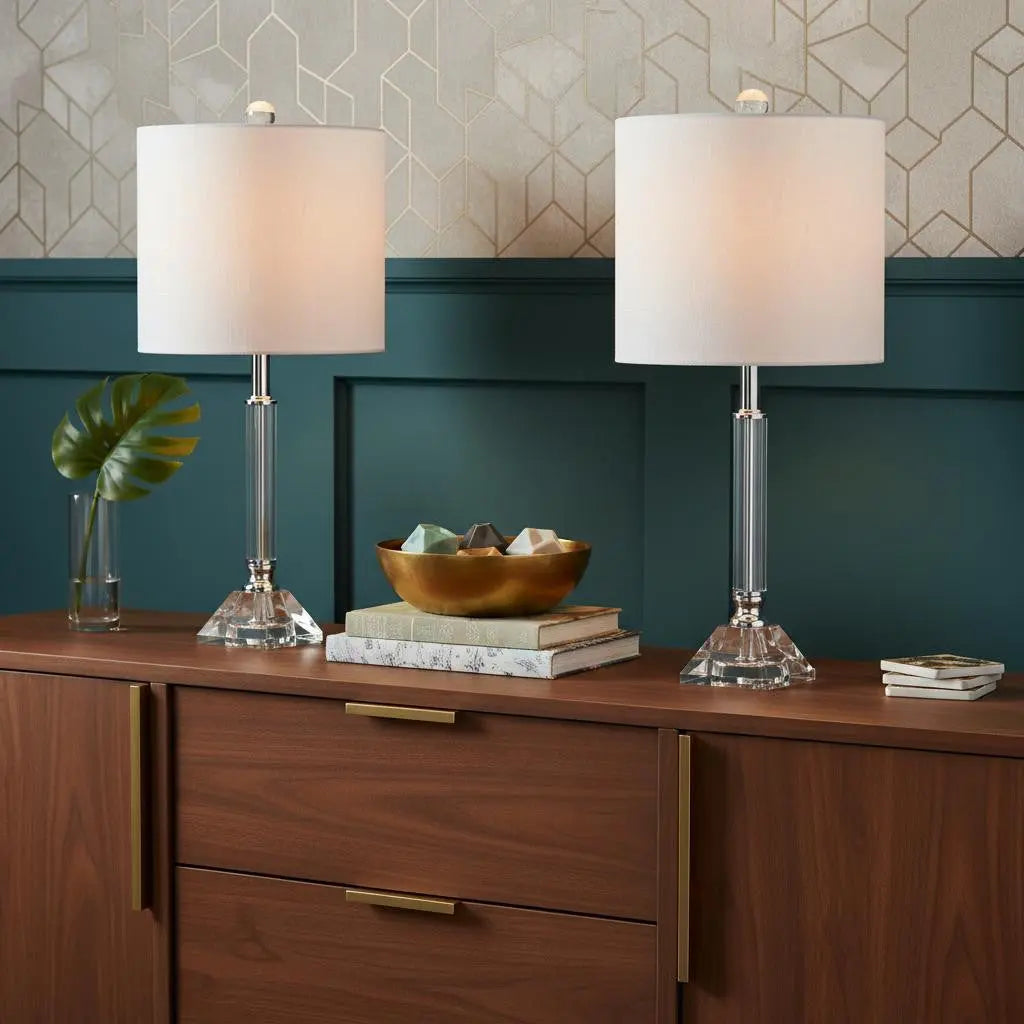 Set of Two 20" Clear Table Lamps With Drum Shades Homeroots Lighting