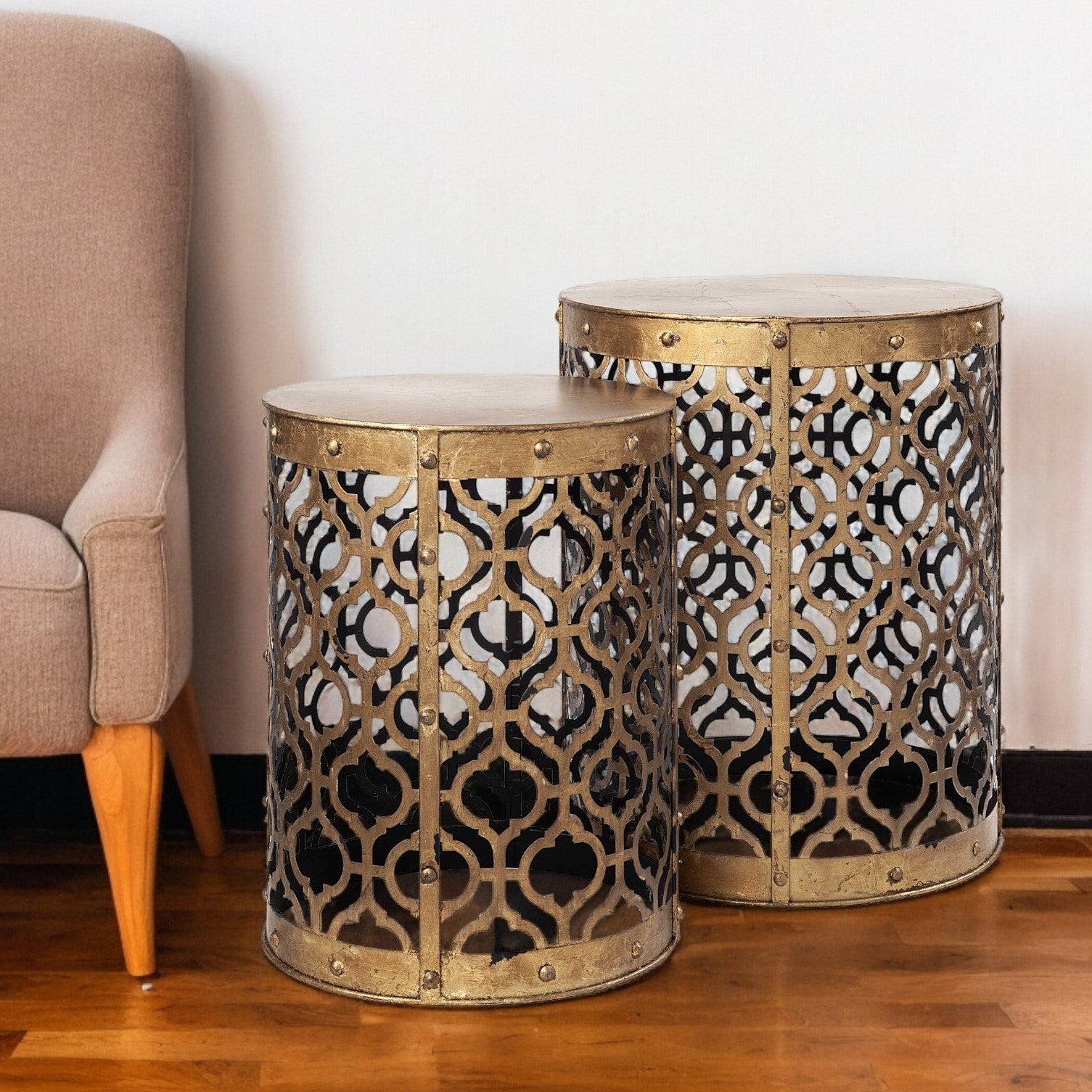 Set of Two 20" Gold Round End Table - GreatEagleInc