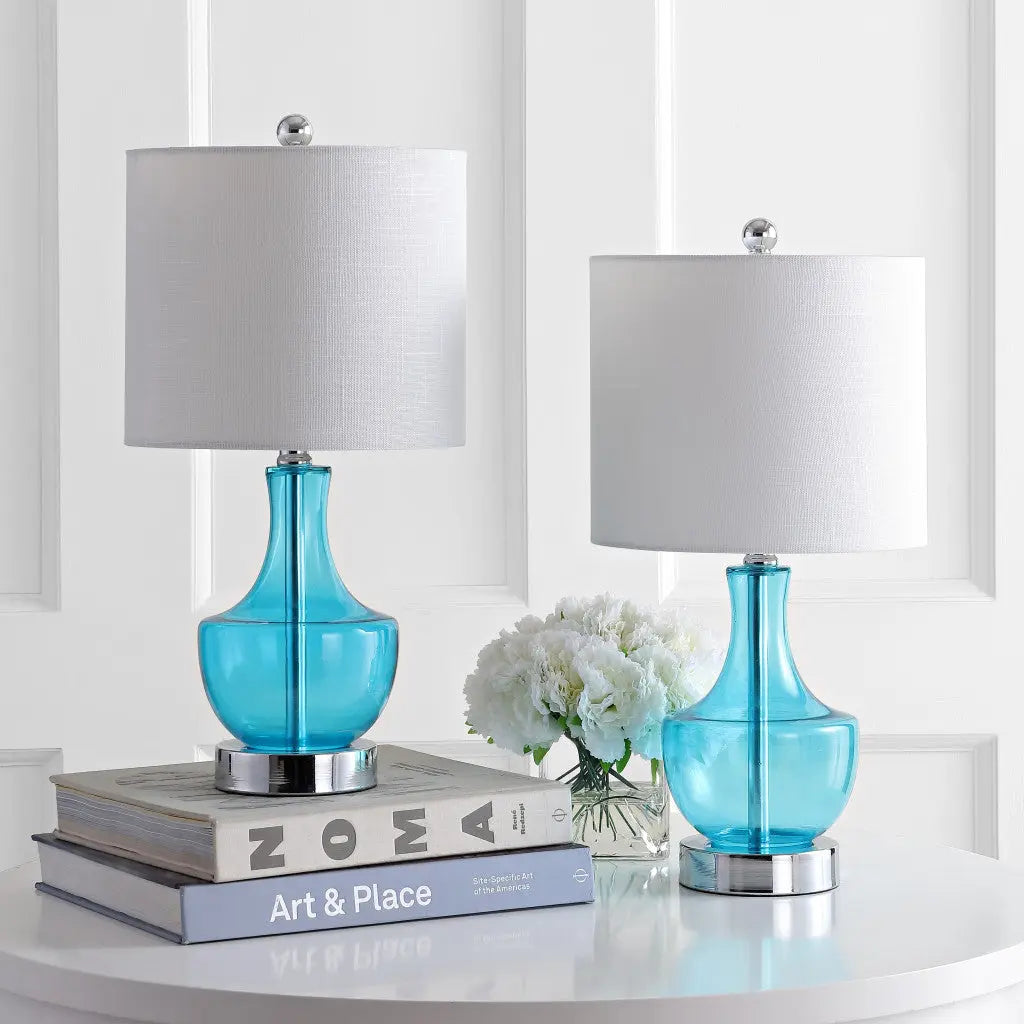 Set of Two 20" Turquoise Gourd Bedside Lamps With Drum Shades Homeroots Lighting