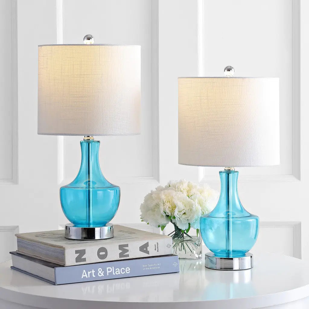 Set of Two 20" Turquoise Gourd Bedside Lamps With Drum Shades Homeroots Lighting