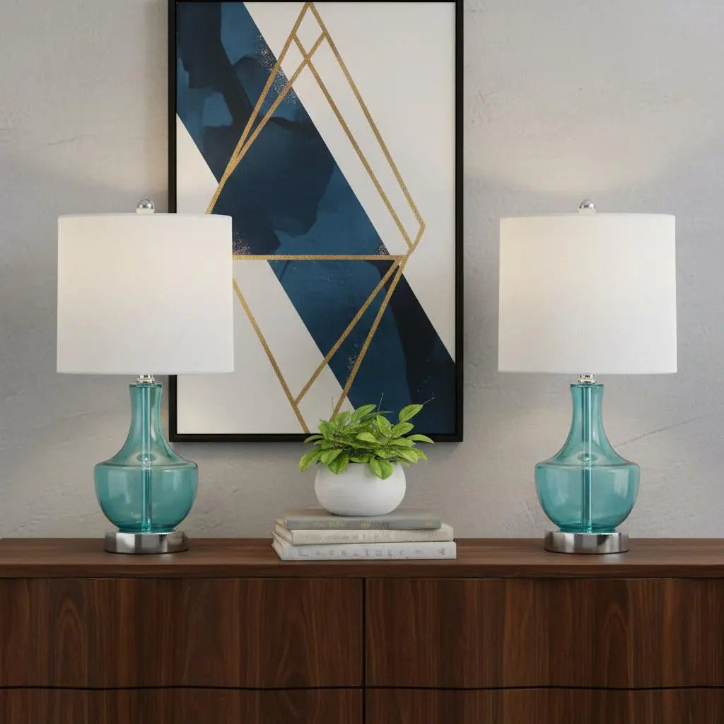 Set of Two 20" Turquoise Gourd Bedside Lamps With Drum Shades Homeroots Lighting
