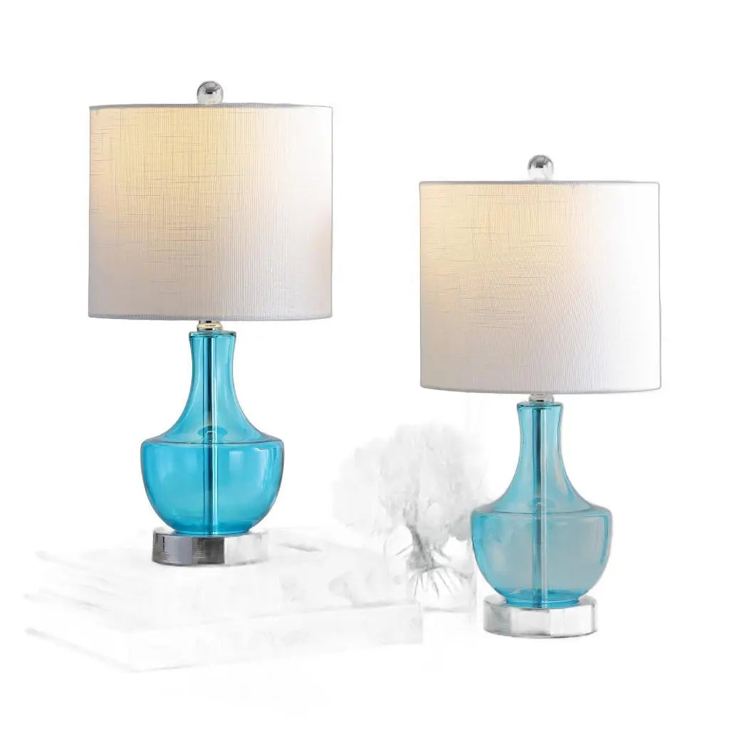 Set of Two 20" Turquoise Gourd Bedside Lamps With Drum Shades Homeroots Lighting