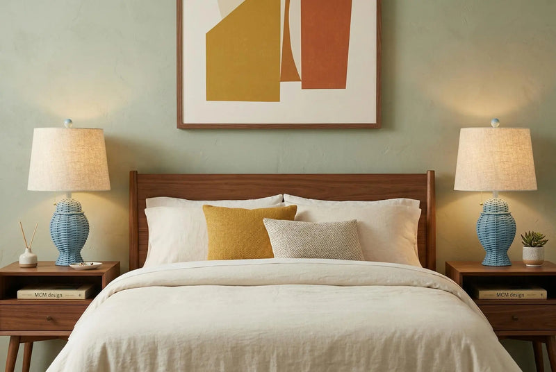 Mid-century modern bedroom with walnut bed frame, cream bedding, yellow accent pillow, and blue ceramic lamps.