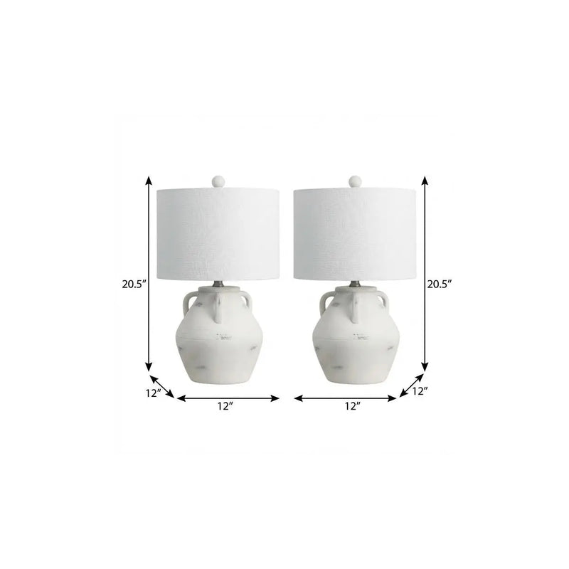 Set of 2 white ceramic lamps with textured shades, 20.5" tall, classic style, perfect for modern decor.