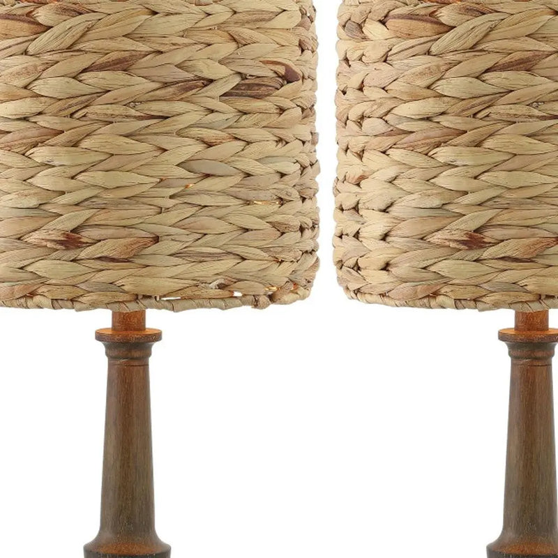 Set of Two 21" Dark Brown Bedside Lamps With Drum Shades Homeroots Lighting