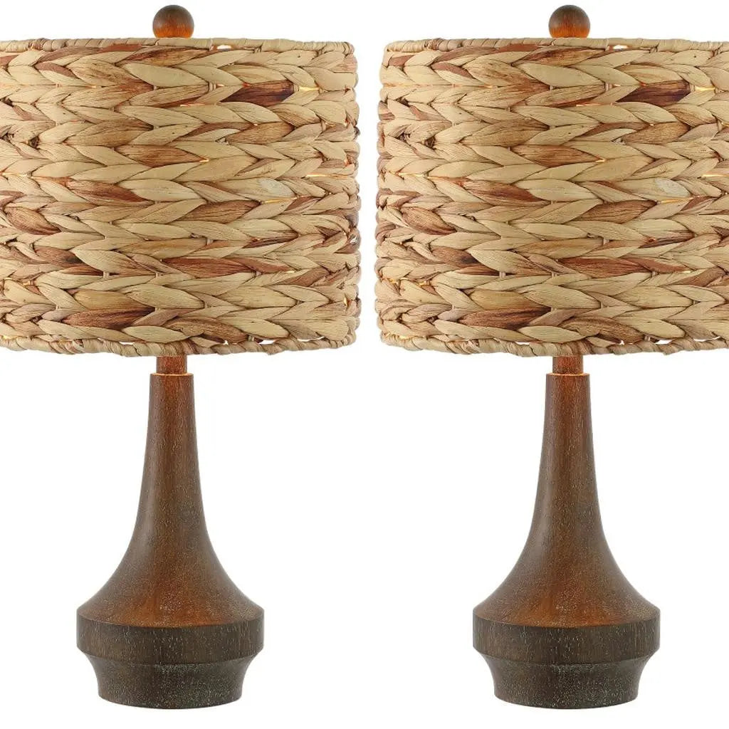 Set of Two 21" Dark Brown Gourd Bedside Lamps With Drum Shades Homeroots Lighting