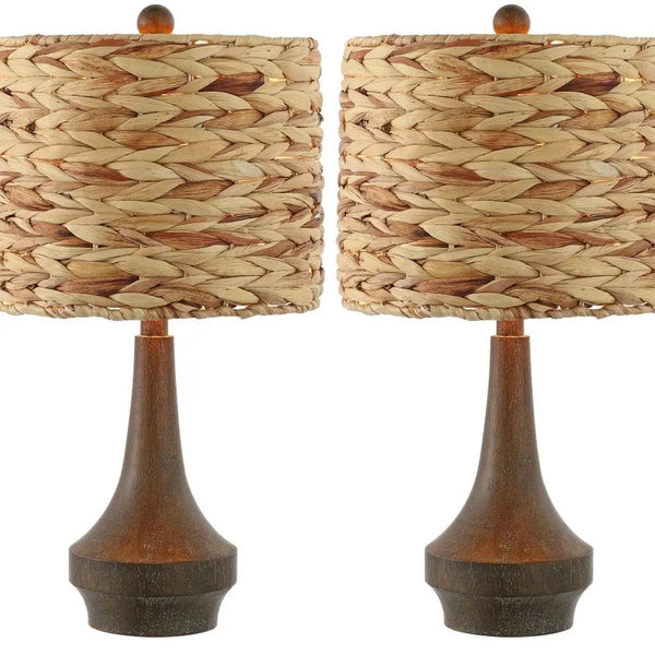 Set of Two 21" Dark Brown Gourd Bedside Lamps With Drum Shades Homeroots Lighting