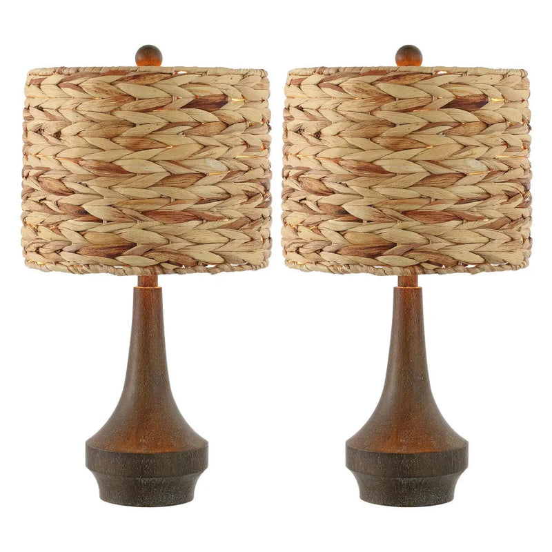Set of Two 21" Dark Brown Gourd Bedside Lamps With Drum Shades Homeroots Lighting