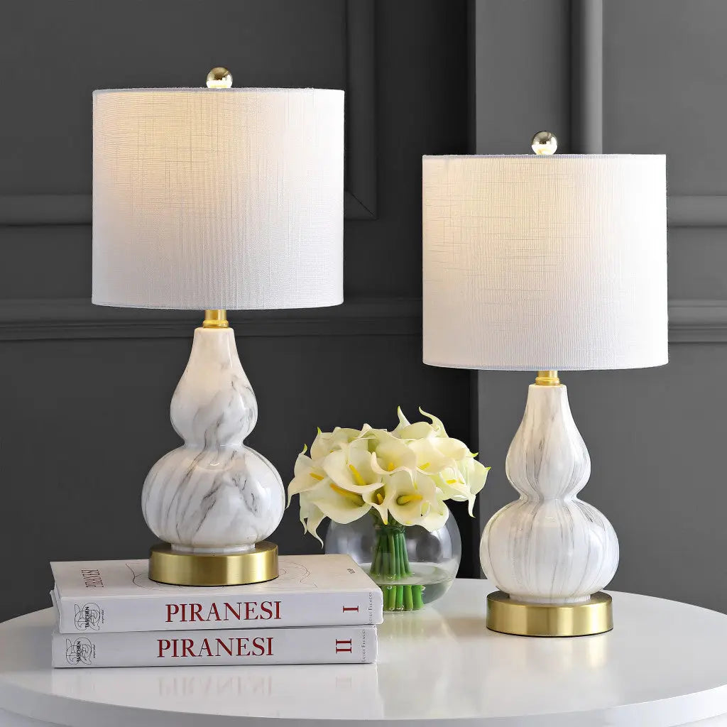 Set of Two 21" Gold Gourd Desk Lamps With Drum Shades Homeroots Lighting