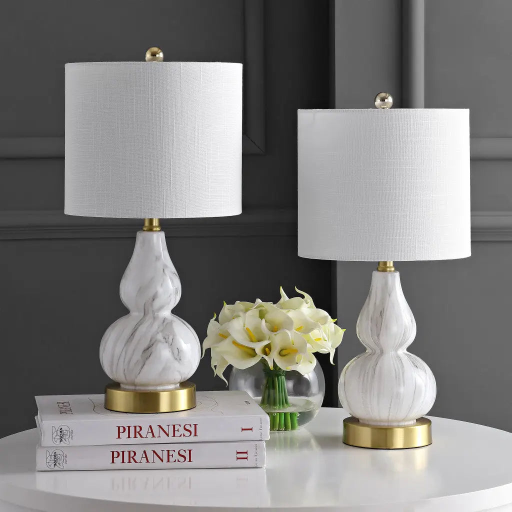 Set of Two 21" Gold Gourd Desk Lamps With Drum Shades Homeroots Lighting