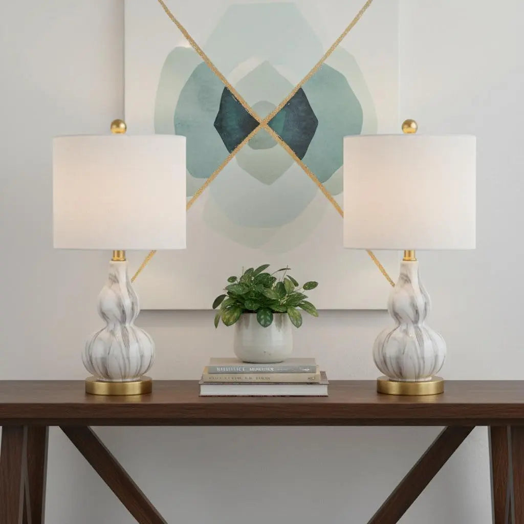 Set of Two 21" Gold Gourd Desk Lamps With Drum Shades Homeroots Lighting
