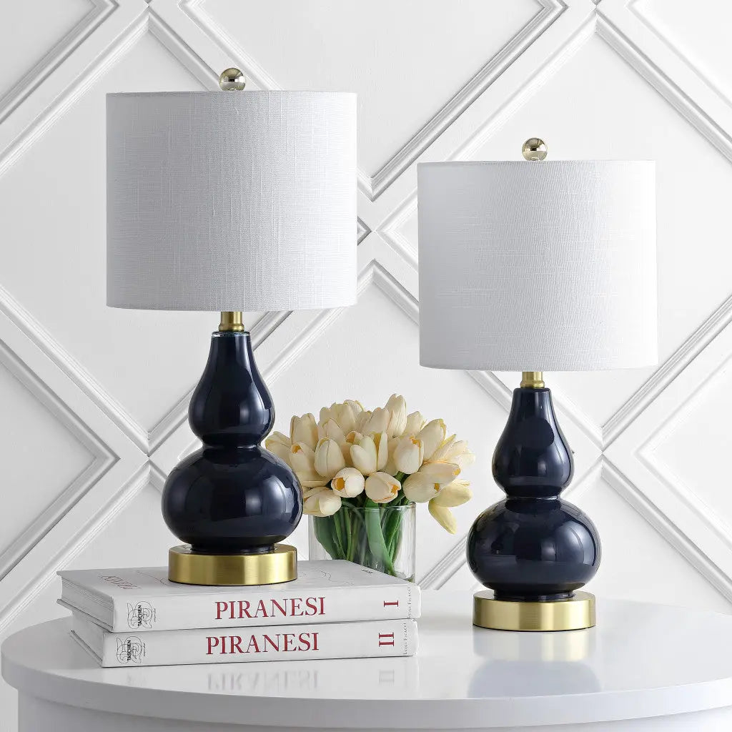 Set of Two 21" Navy Blue And Gold Gourd Table Lamps With Drum Shades Homeroots Lighting