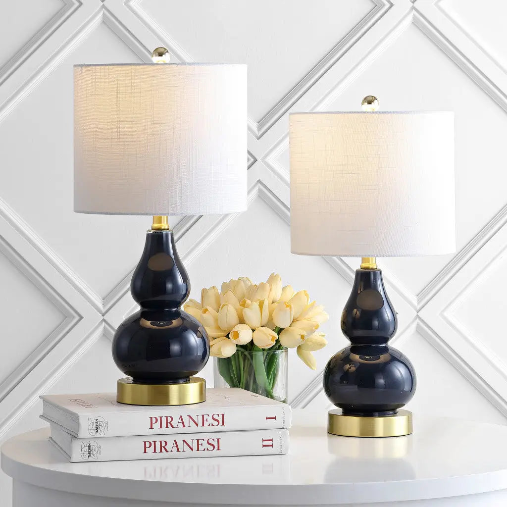 Set of Two 21" Navy Blue And Gold Gourd Table Lamps With Drum Shades Homeroots Lighting