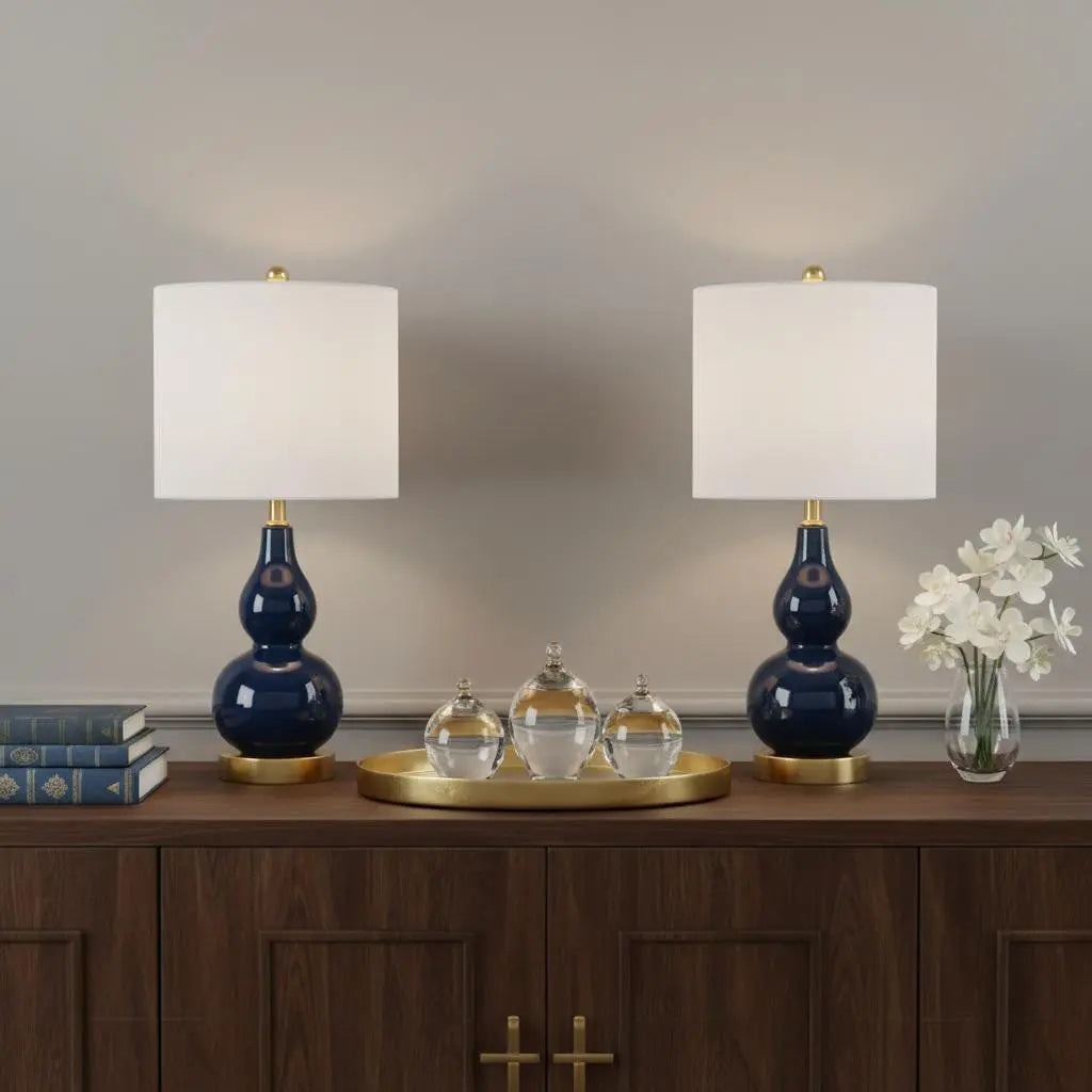 Set of Two 21" Navy Blue And Gold Gourd Table Lamps With Drum Shades Homeroots Lighting