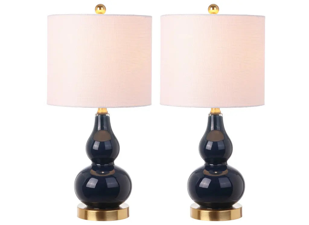 Set of Two 21" Navy Blue And Gold Gourd Table Lamps With Drum Shades Homeroots Lighting