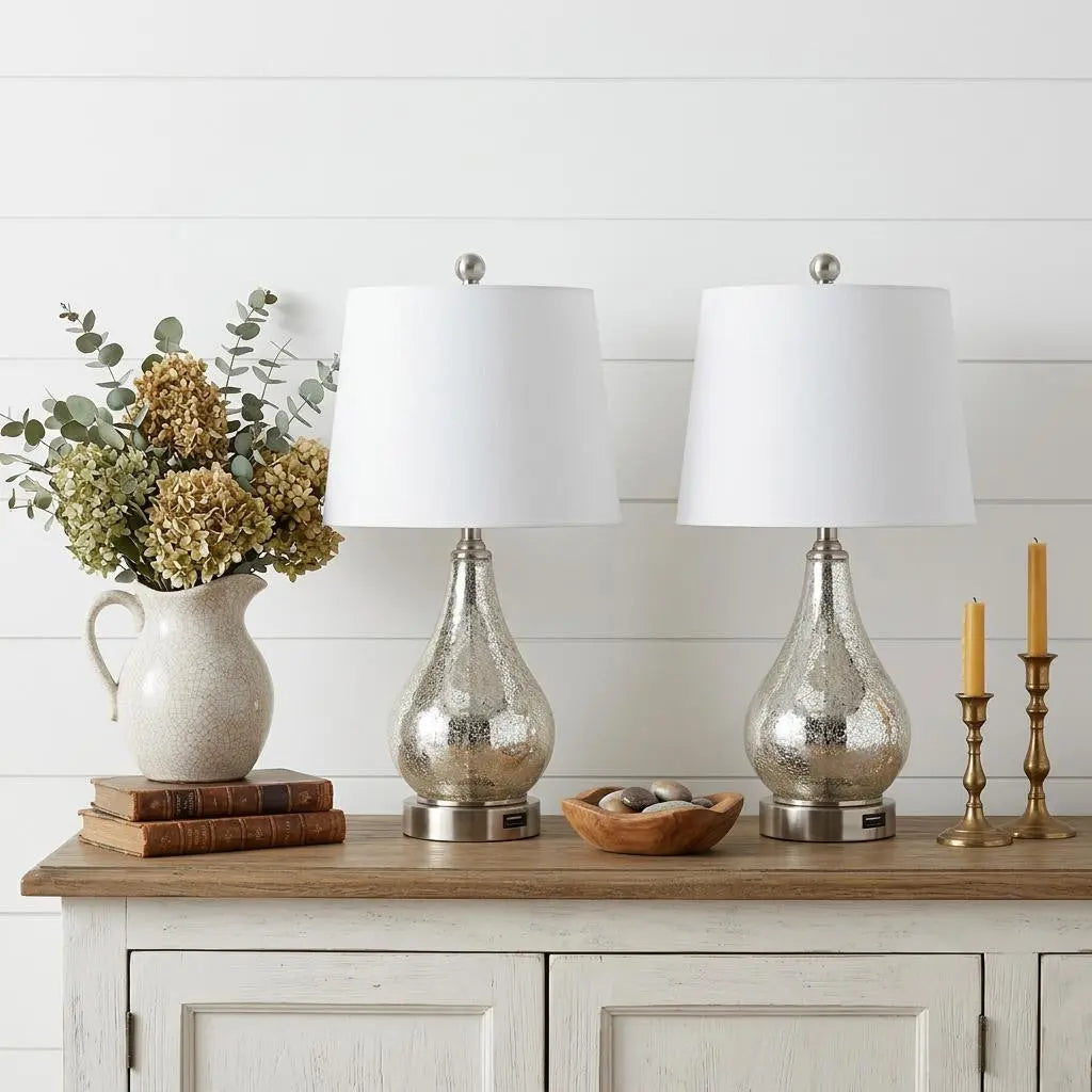 Set of Two 21" Nickel Gourd Table Lamps With Empire Shades Homeroots Lighting
