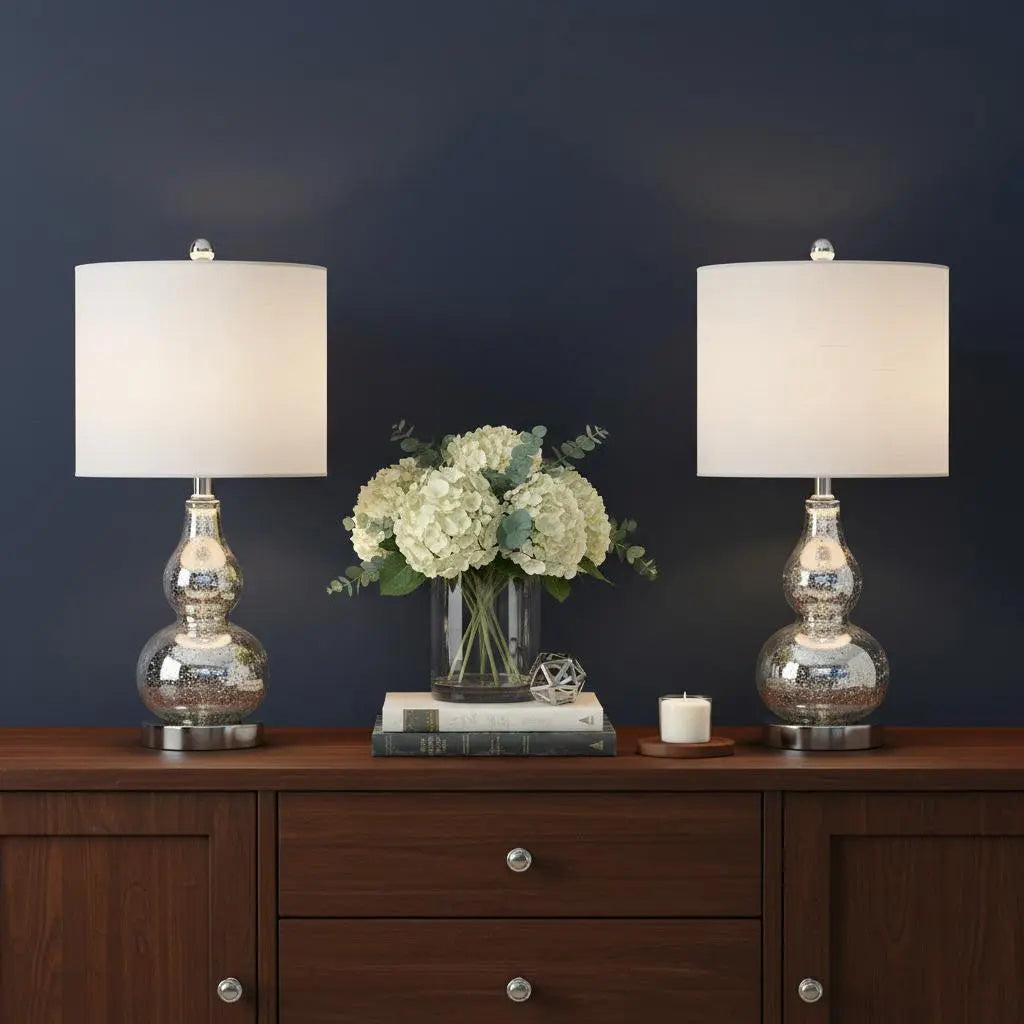 Set of Two 21" Silver Gourd Table Lamps With Drum Shades Homeroots Lighting