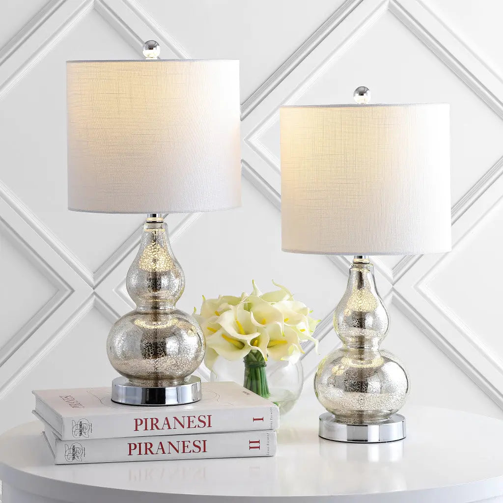Set of Two 21" Silver Gourd Table Lamps With Drum Shades Homeroots Lighting