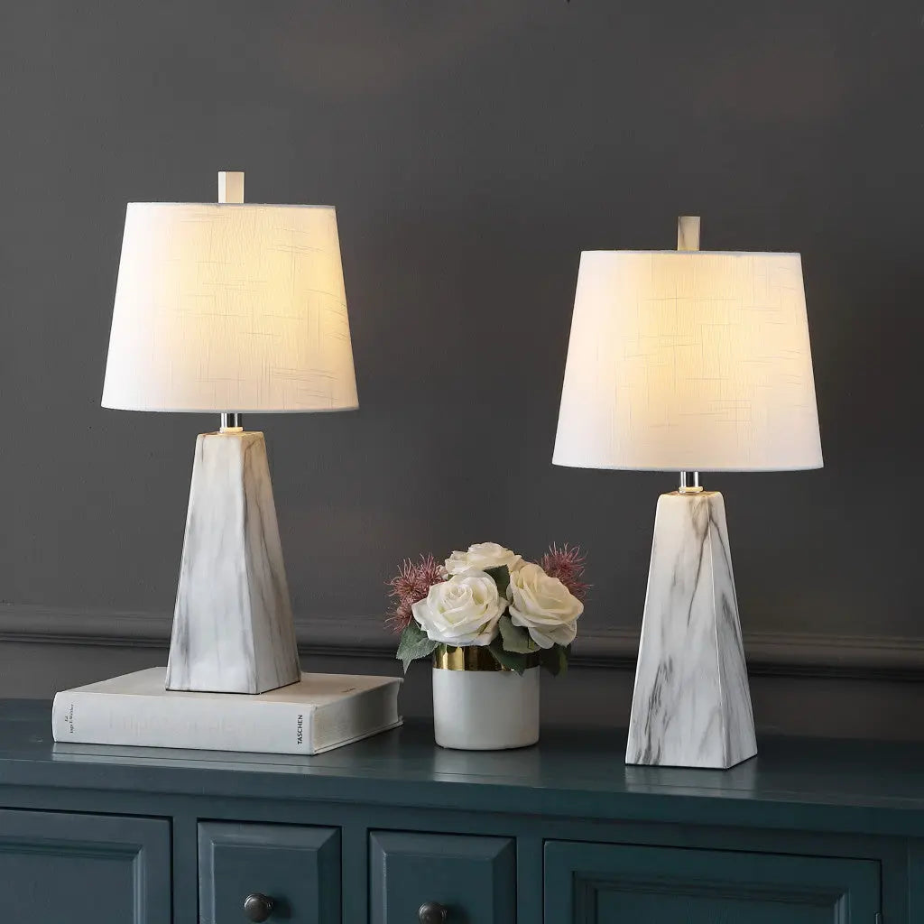 Set of Two 21" White Geometric Table Lamps With Empire Shades Homeroots Lighting
