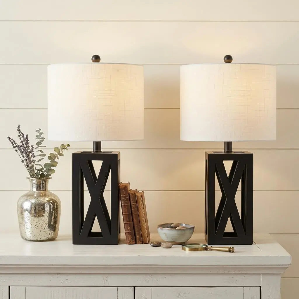 Set of Two 22" Black Table Lamps With Drum Shades Homeroots Lighting