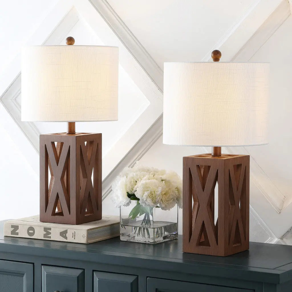 Set of Two 22" Brown Table Lamps With Drum Shades Homeroots Lighting