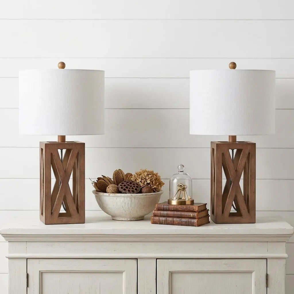 Set of Two 22" Brown Table Lamps With Drum Shades Homeroots Lighting