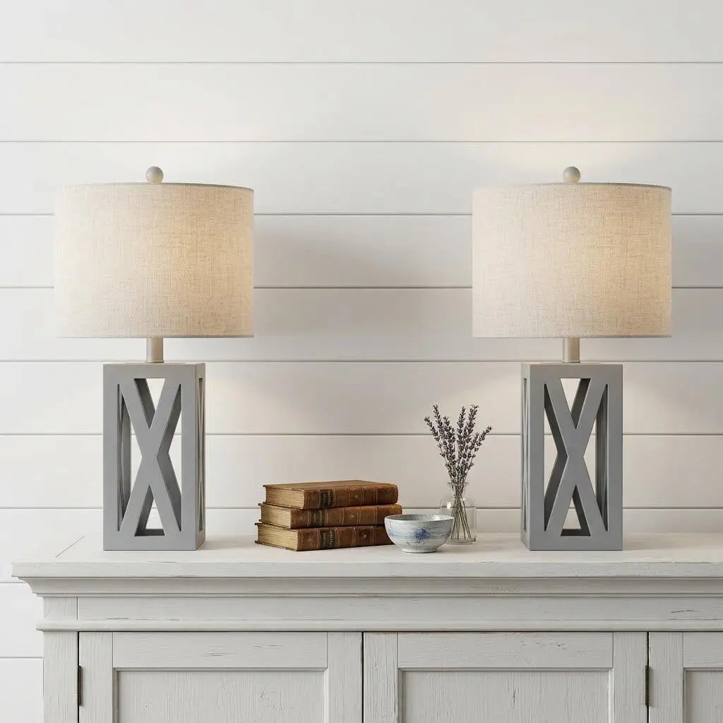 Set of Two 22" Gray Table Lamps With Drum Shades Homeroots Lighting