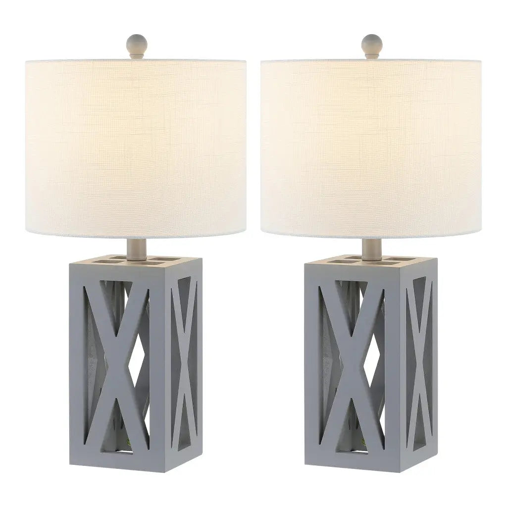Set of Two 22" Gray Table Lamps With Drum Shades Homeroots Lighting