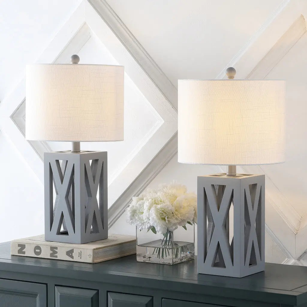 Set of Two 22" Gray Table Lamps With Drum Shades Homeroots Lighting