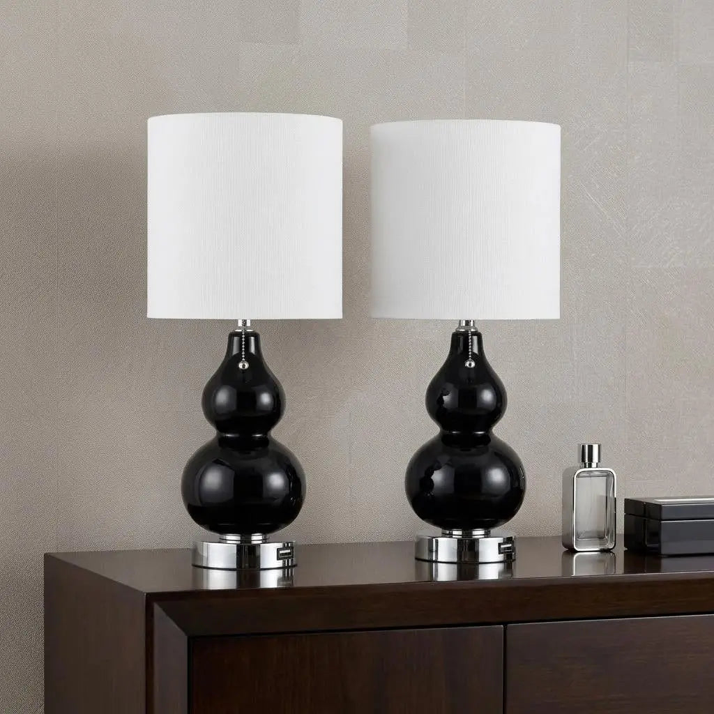 Set of Two 22" Silver Gourd Table Lamps With Drum Shades Homeroots Lighting